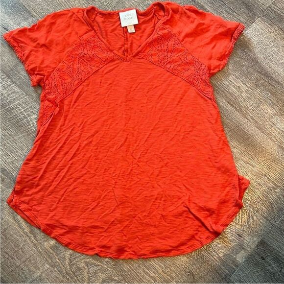 Knox Rose Red Lace V-Neck Short Sleeve Tee Boho Soft Casual Top XS - Picture 5 of 6